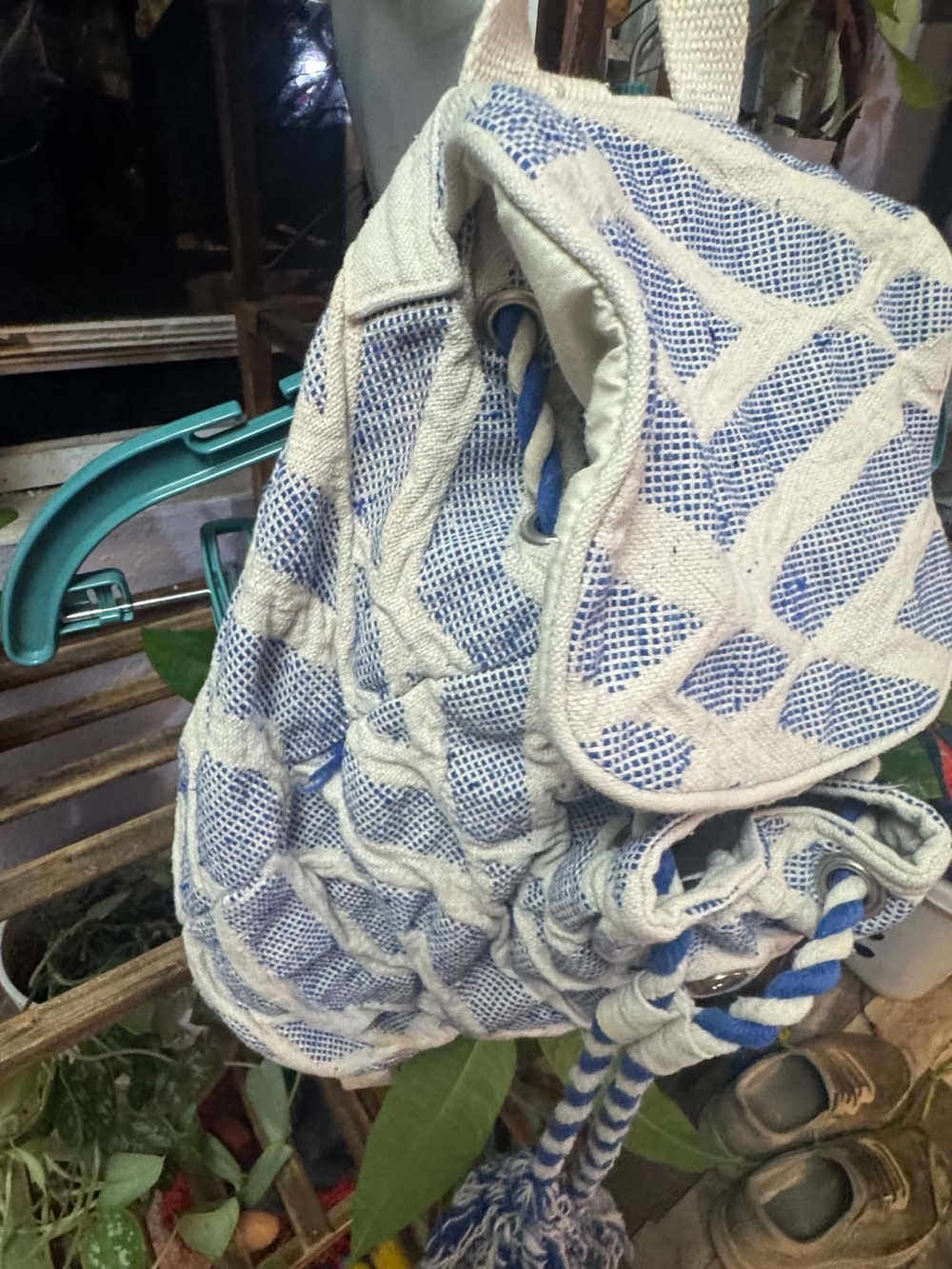 Canvas Rope Drawstring Backpack - Blue and White - Picture 3 of 4